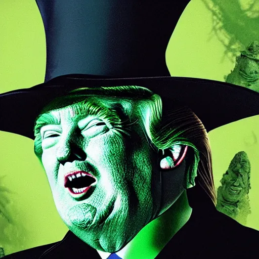 Image similar to trump in the style of wicked witch of the west with green skin, high quality movie still