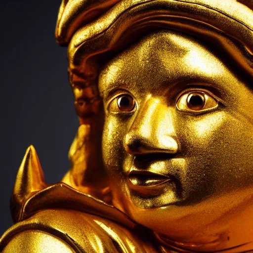 Image similar to a close up photo of a detailed golden statue of a clown, 8K,