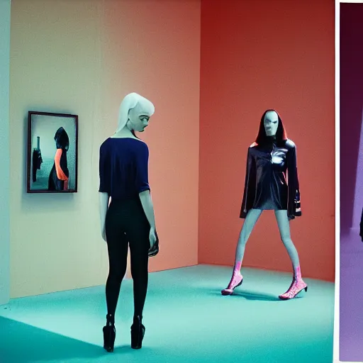 Image similar to balenciaga lookbook campaign in the style of tyler mitchel, blue rays, redshift, wide shot, coloured polaroid photograph, pastel, kodak film, hyper real, stunning moody cinematography, by maripol, fallen angels by wong kar - wai, 3 5 mm, style of suspiria and neon demon, david hockney, detailed, film photography