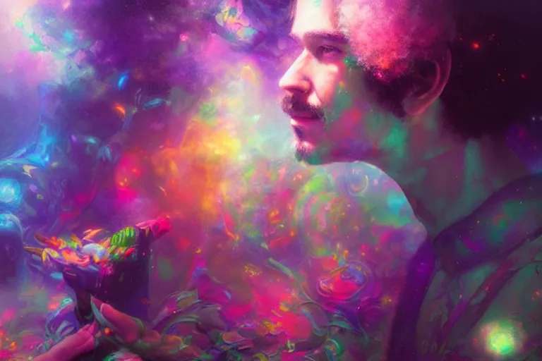 Prompt: a psychedelic realm hidden away in a pocket of ethereal knowledge | astral beings sharing love greg rutkowski wlop lisa frank bob ross | ruan jia | illustration