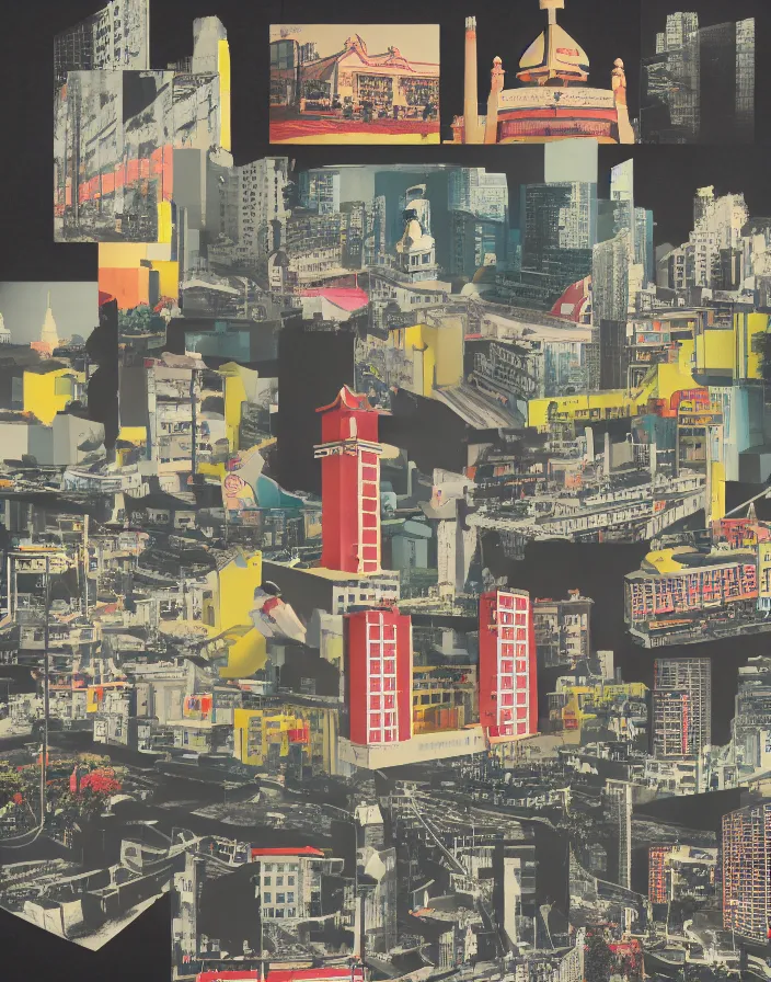 Image similar to fukuoka city landmarks, a collage painting, in the style of wes anderson, lola dupre, david hockney, isolated on negative white space background dark monochrome fluorescent spraypaint accents volumetric octane render, no double figure