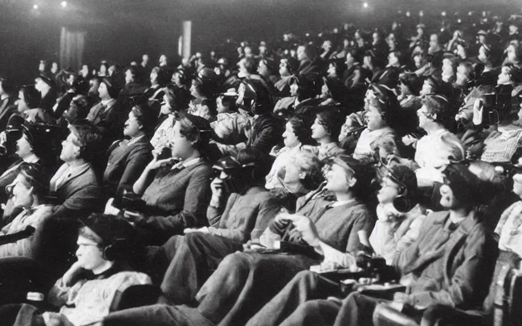 Image similar to 1 9 0 0 s photo of people using iphones ipods virtual reality headsets vr watching hd tv in a movie theater