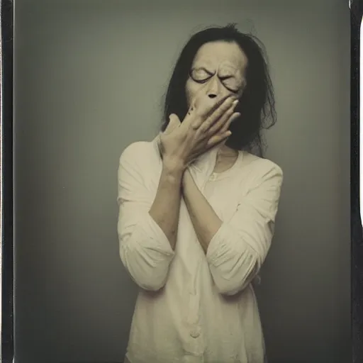 Prompt: portrait of a crying woman. many many white hands!!!!! grabbing her from outside frame. hq photo, surreal, harsh lighting. polaroid type 6 0 0. fear. unnerving. menacing. supernatural