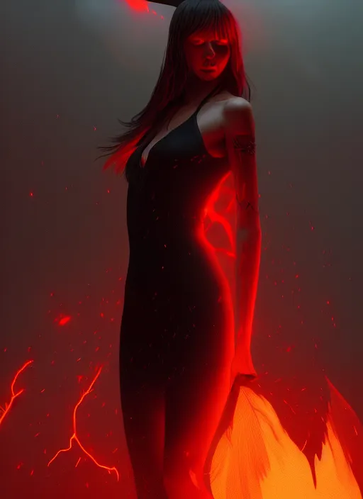 Image similar to satan daughter, wearing, outfit, clothes, full body, fire, hell, lightning, pyromancer, intricate, elegant, highly detailed, digital painting, artstation, concept art, smooth, sharp focus, illustration, ethereal, misty, by ilya kuvshinov and jeremy mann, 8 k, octane render
