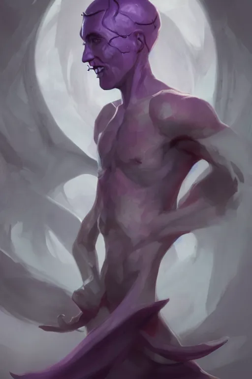 Image similar to djinn man male demon, portrait, full body character, concept art, purple cloak, single face, illustration, white spiral drill horns, single face, cinematic color grading, editorial photo, fashion, hyperrealism, trending on artstation, Charlie Bowater, WLOP