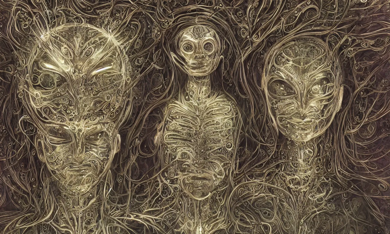 Prompt: perfectly centered symmetrical portrait, front view of a beautiful biomechanical android alien robot buddha, female, flowing hair, intense stare, sarcastic smile, concept art, intricate detail, volumetric shadows and lighting, realistic oil painting by alex grey and gustave dore,