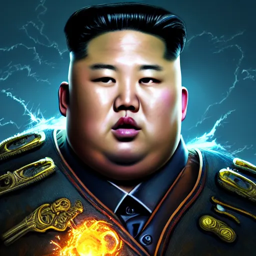 Image similar to portrait of kim - jong un as a spellcaster, league of legends amazing splashscreen artwork, gears of war, splash art, natural light, elegant, photorealistic facial features, intricate, fantasy, detailed face, atmospheric lighting, anamorphic lens flare, cinematic lighting, league of legends splash art, hd wallpaper, ultra high details by greg rutkowski