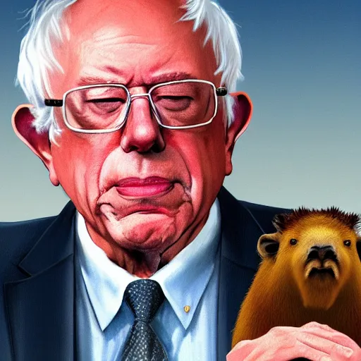 Prompt: Bernie Sanders with the body of a capybara, 4k resolution, 8k resolution, HD Quality, highly detailed, very detailed, detailed, studio quality lighting, digital art, trending on Artstation