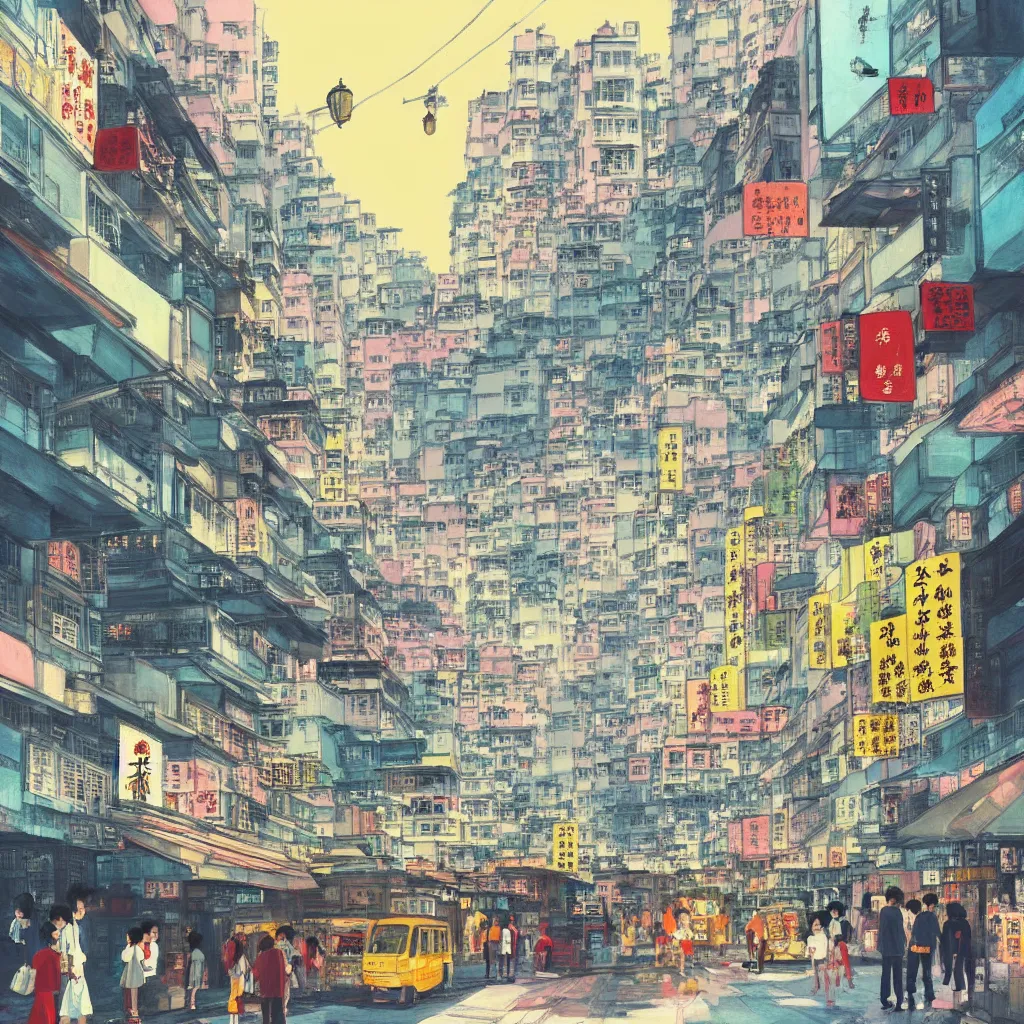 Image similar to a beautiful painting of hong kong street scene, in the style of hayao miyazaki