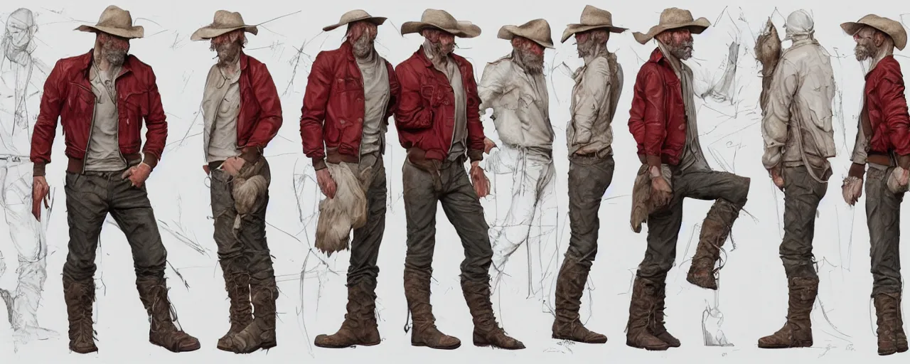 Prompt: character design, reference sheet, gaunt, 40's adventurer, unshaven, optimistic, stained dirty clothing, straw hat, riding boots, red t-shirt, dusty rown bomber leather jacket, concept art, photorealistic, hyperdetailed, 3d rendering! , art by Leyendecker! and frazetta,