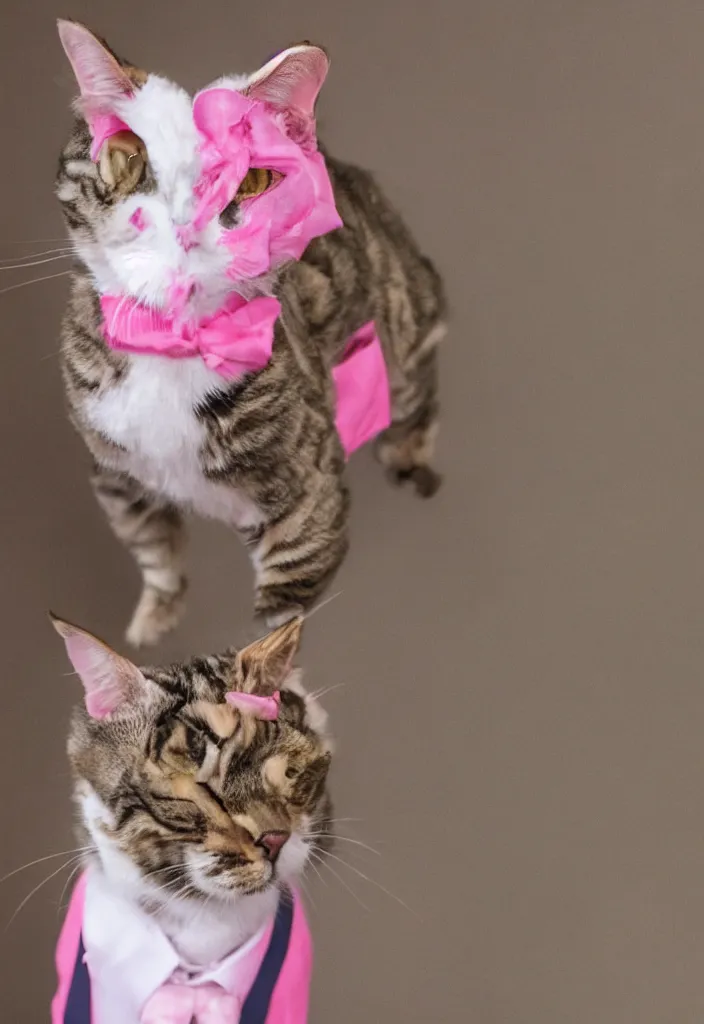 Image similar to portrait of a tabby ,wearing a pink tuxedo,Pixar style