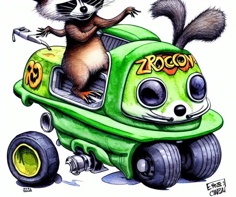 Prompt: cute and funny, racoon wearing a helmet riding in a tiny rob zombie dragula with oversized engine, ratfink style by ed roth, centered award winning watercolor pen illustration, isometric illustration by chihiro iwasaki, edited by range murata