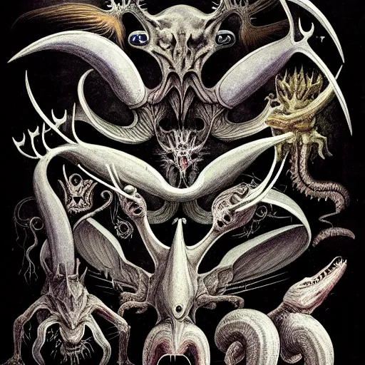 Image similar to bestiary of creatures from the depths of the unconscious psyche