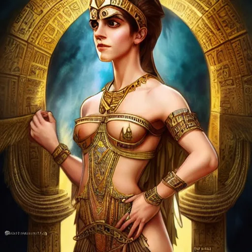 Image similar to Emma Watson as an Egyptian Goddess, cute, fantasy, intricate, elegant, highly detailed, digital painting, 4k, HDR, concept art, smooth, sharp focus, illustration, art by artgerm and H R Giger and alphonse mucha