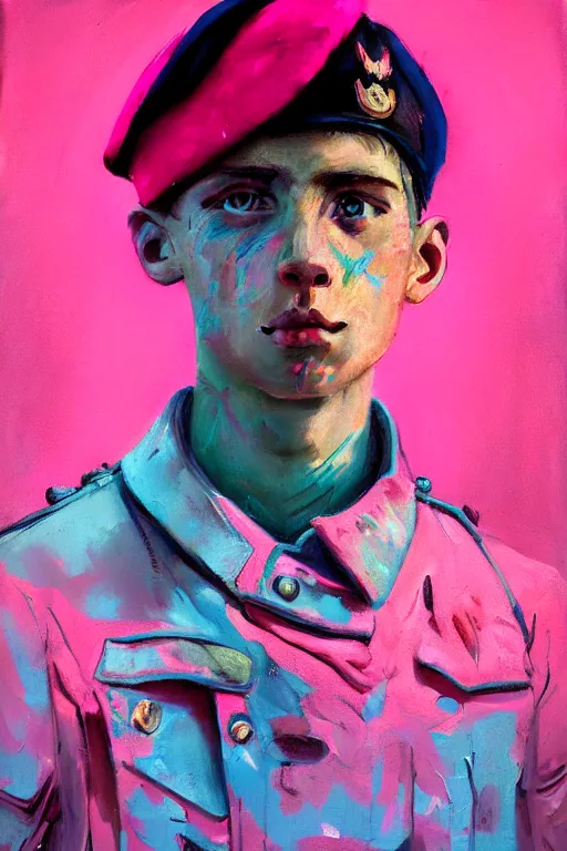 Image similar to portrait of a young soldier boy nor living in a death postapoliptic world, painterly painted in the colors hot pink and cyan, beautiful face, rule of thirds, complex outfit, spotlight, octane render, dramtic lit, by greg rutkowski, by jeremy mann, by francoise nielly, by van gogh, digital painting