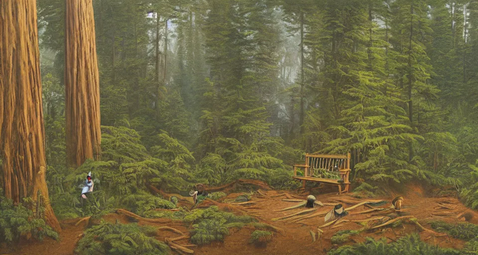 Image similar to epic painting of a coastal redwood forest, an owl sits on a park bench in the lower right, Joachim Patinier