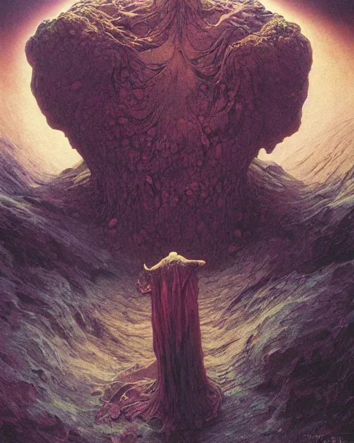 Image similar to the creature at the end of the universe, painted by zdzislaw beksinski and artgerm and greg rutkowski and alphonse mucha