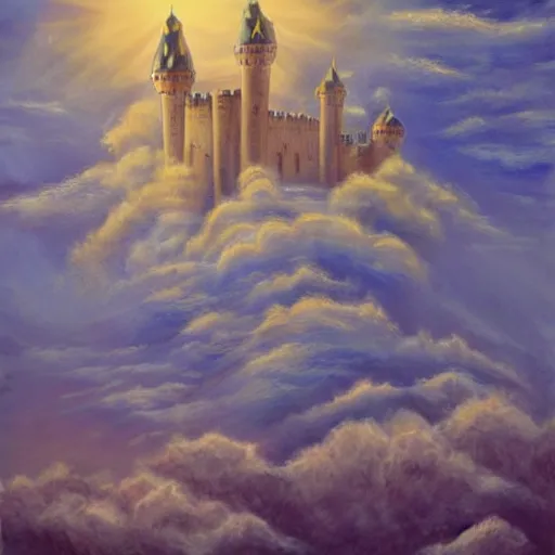 Image similar to Castle in the clouds, celestial light, divine, in the style of Wylie Beckert