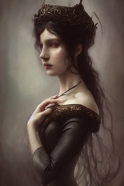 Image similar to a portrait of elegant beautiful dark nymph, queen of the dark fairies, bored, illustration, dramatic lighting, soft details, painting oil on canvas, art nouveau, octane render, HDR, 4k, 8k, HD, by Edmund Blair Leighton, Brom, Charlie Bowater, trending on artstation, faces by Otto Schmit