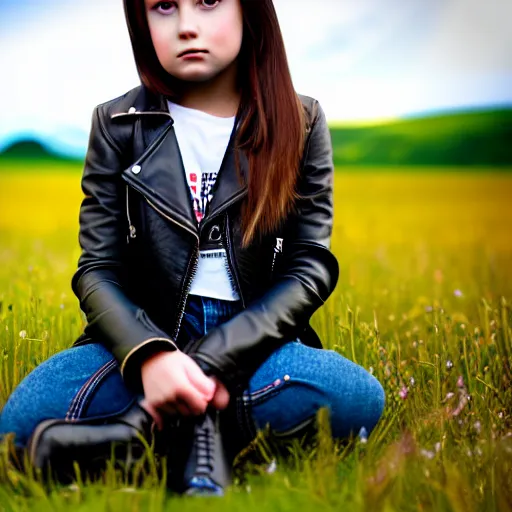 Image similar to young girl sits on a meadow, she wears leather jacket, jeans and knee high black boots, sharp focus, photo taken by nikon, 4 k,