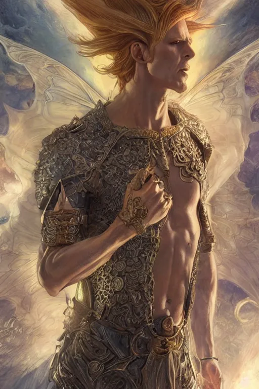 Image similar to ultra realistic illustration, fairy king david bowie from diablo and baldurs gate, intricate, elegant, highly detailed, digital painting, artstation, concept art, smooth, sharp focus, illustration, art by artgerm and greg rutkowski and alphonse mucha