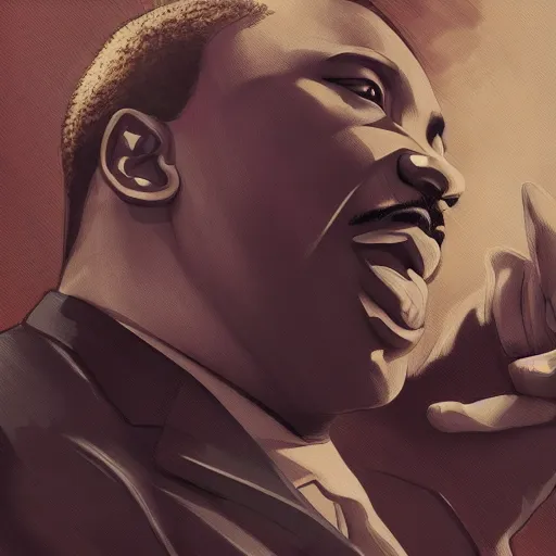 Prompt: clear portrait of martin luther king having a rap battle, cottagecore!!, detroit hood background hyper detailed, character concept, full body, dynamic pose, elegant, intricate, highly detailed, digital painting, artstation, concept art, smooth, sharp focus, illustration, art by artgerm and greg rutkowski and alphonse mucha