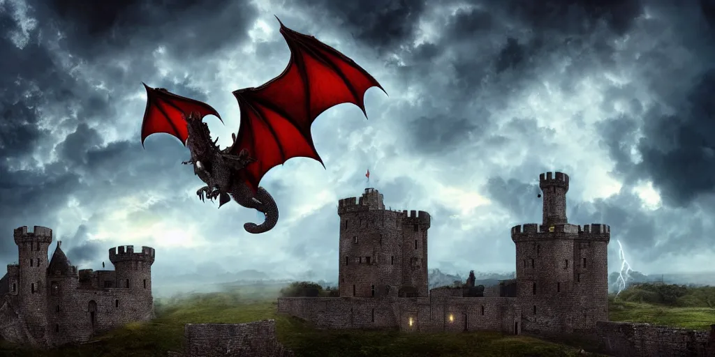 Image similar to A huge dragon flying over a medieval castle, fire, dark fantasy, stormy sky, volumetric lightning, digital art