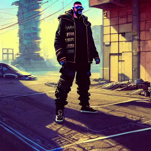 Image similar to A portrait of a cyberpunk thug guy on a parking lot in a Soviet slum on the moon, Norilsk, sci-fi, fantasy, intricate, very very beautiful, elegant, highly detailed, digital painting, artstation, concept art, smooth, sharp focus, illustration, art by artgerm and greg rutkowski and alphonse mucha and evgeny zubkov