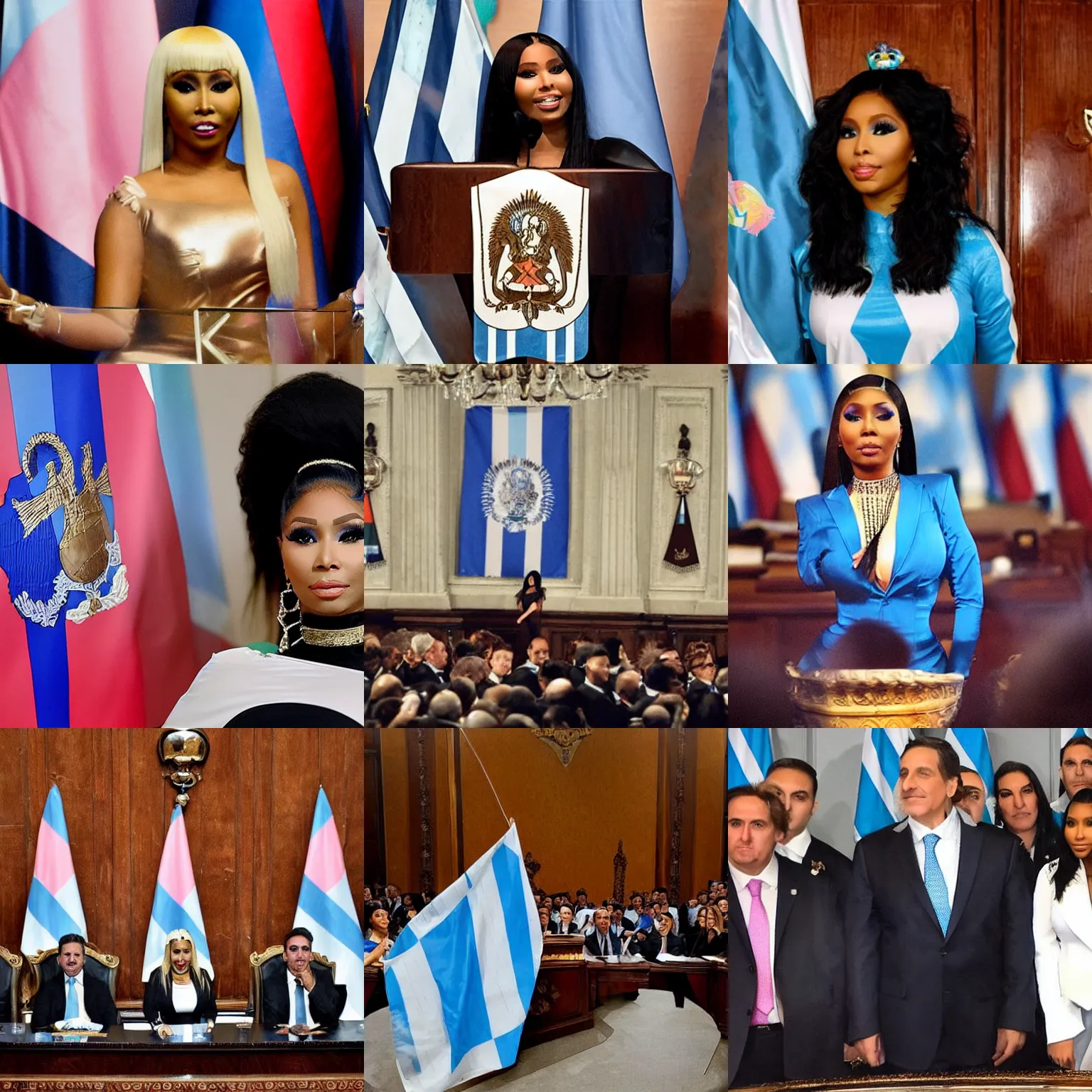 Image similar to Nicki Minaj presidente de Argentina, in the Argentine Congress, flags of Argentina behind, detailed picture