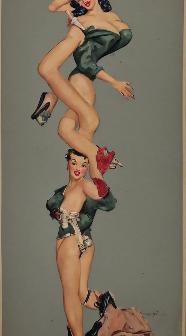 Image similar to a full body portrait of pin up post war dressing a military unioform,with, water color, Gil Elvgren style