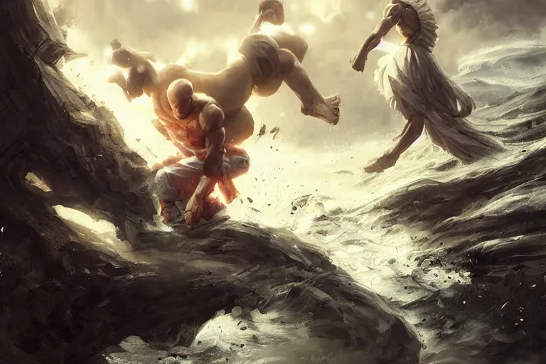 Prompt: saitama fighting the homelander, epic scene, Highly detailed painting, cinematic landscape, realistic, a fantasy digital painting by Greg Rutkowski and James Gurney