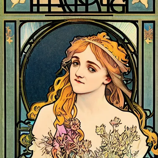 Image similar to evanna lynch portrait by louis - theophile hingre and alphonse mucha, realistic, sharp focus, zodiac signs, tarot cards, planets, ethereal, art nouveau, magic, moon, sun, crown, dreamy, royal, jewellery