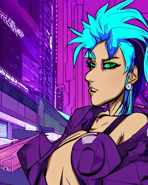 Image similar to cel shaded art of a pretty blue haired girl standing next to a purple lamborghinil, jet grind radio graphics, cyberpunk city street background