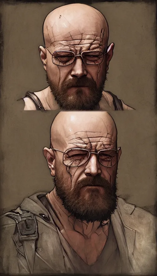 Image similar to Heisenberg as Kratos, highly detailed, digital painting, artstation, concept art, smooth, sharp focus, illustration, ArtStation, art by artgerm and greg rutkowski and alphonse mucha and J. C. Leyendecker and Edmund Blair Leighton and Katsuhiro Otomo and Geof Darrow and Phil hale and Ashley wood and Ilya repin and Charlie Bowater
