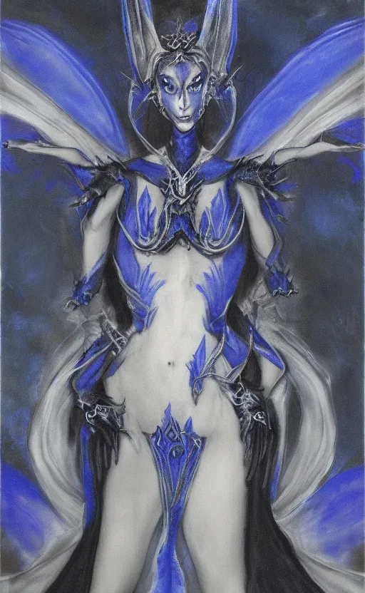 Image similar to Gothic princess in dark and blue dragon armor. By El Greco, fractal flame, highly detailded