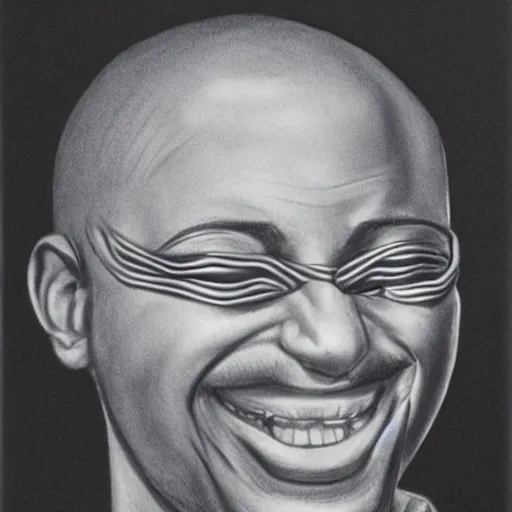 Image similar to police sketch of a man with no eyes and an impossibly wide smile, detailed shading,