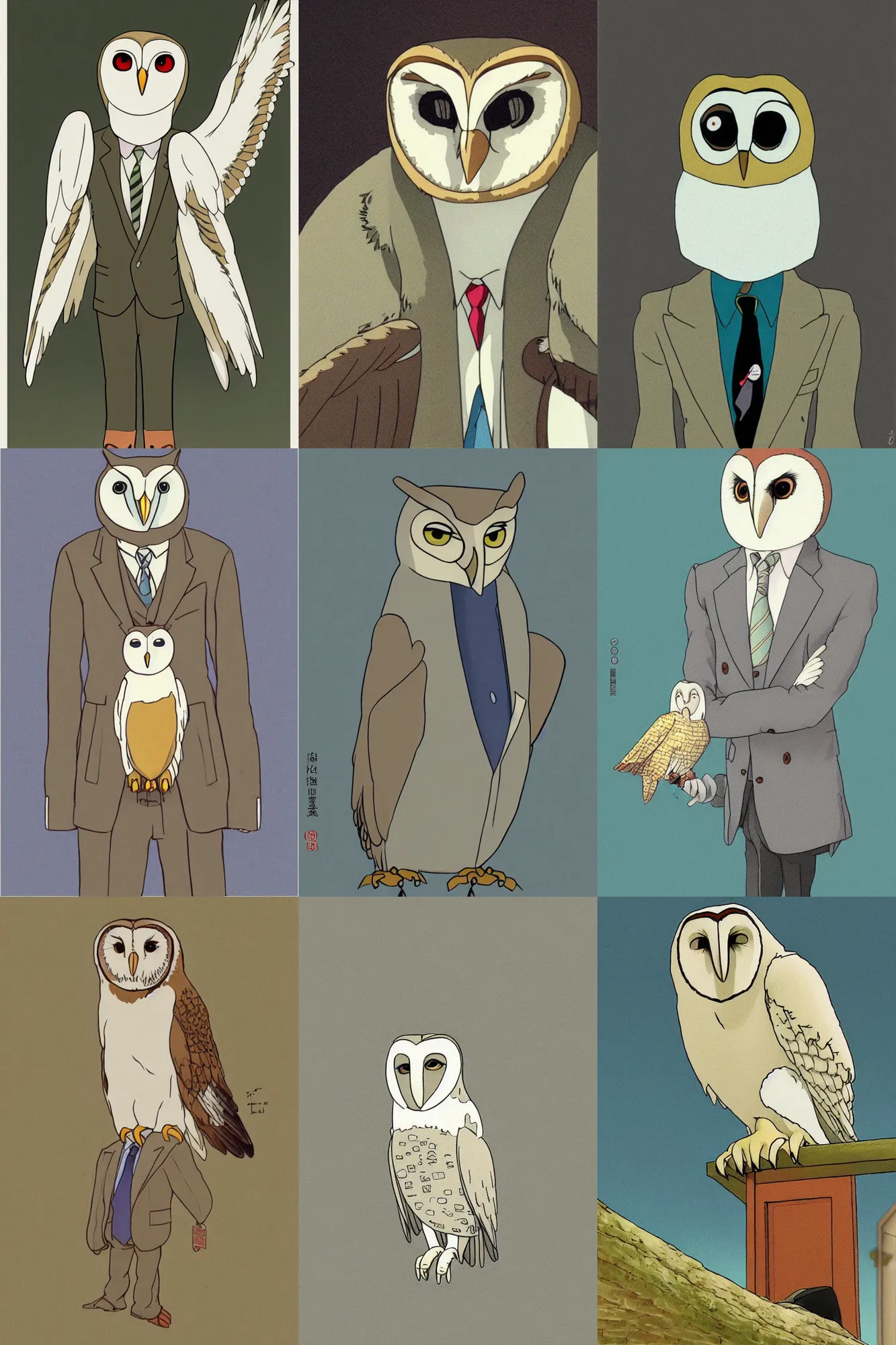 Prompt: a shoot of an anthropomorphic barn owl wearing a suit in a Studio Ghibli movie,pencil art by Studio Ghibli,colored by Studio Ghibli,symetric face and body