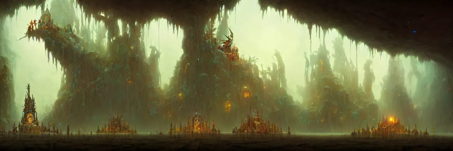 Image similar to Throne Room of the Shaman Owl King, cinematic concept art, matte painting, trending on Artstation, wide angle shot, by Peter Mohrbacher