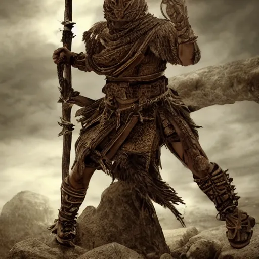 Image similar to muscular warrior with bark skin wearing intricate stone and wood armor, battlefield, highly detailed, dramatic lighting, cinematic, sci - fi, hyperrealistic, detailed