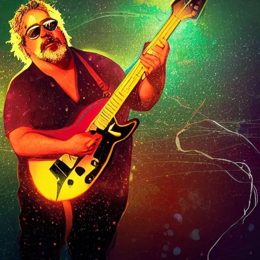 Image similar to a Jerry Garcia guitarist playing so intensely there is electricity shooting out from his guitar, energy beams under his finger tips, and magic sparkles from the freboard, amazing ditial art, trending on artstation, featured on deviantart