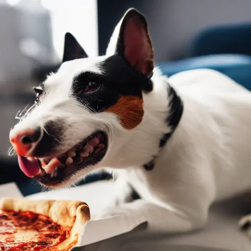 Image similar to photo of a white jack russel eating pizza