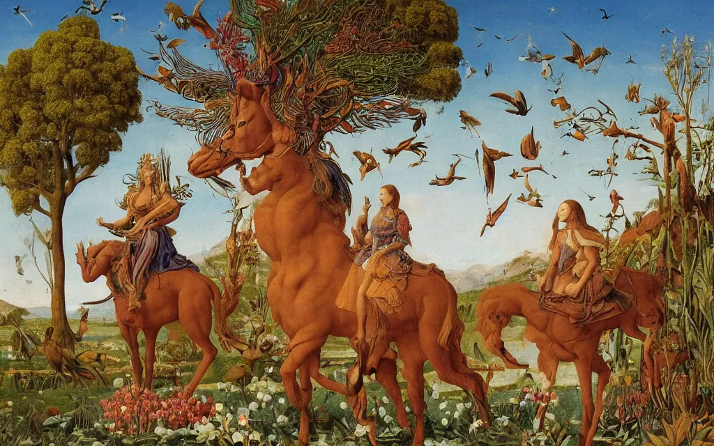 Prompt: a portrait photograph of a meditating sphinx and a centaur king riding birds and feeding animals at a river delta. surrounded by bulbous flowers, animals, trees. mountain range under a vast blue sky of burning stars. painted by jan van eyck, max ernst, ernst haeckel and ernst fuchs, cgsociety, artstation, fashion editorial, 8 k