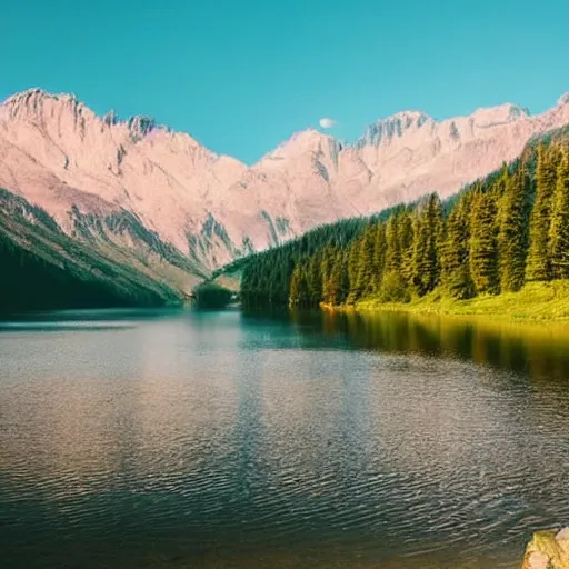 Prompt: beautiful lake with mountains in the background