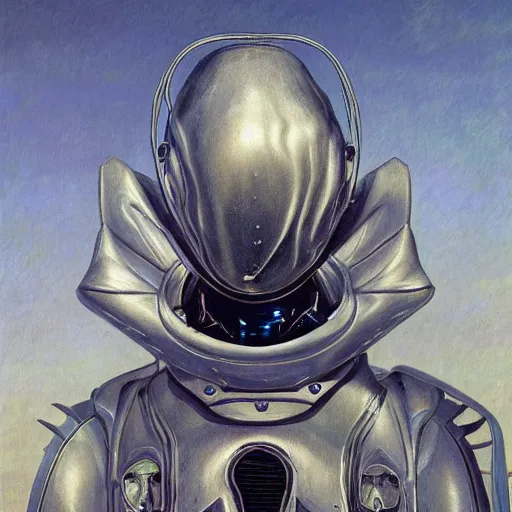 Image similar to portrait of beautiful gothic and futuristic fashion model, space armour, cyber armour, highly detailed, artstation, illustration, composition, 8 k quality, art by jean delville, rene magritte, hyperrealism oil painting