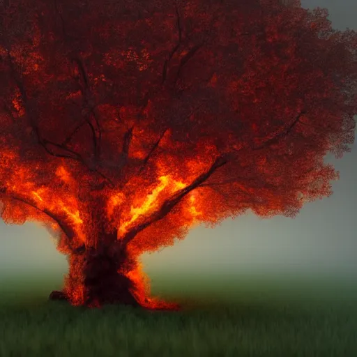 Prompt: a flaming oak tree in an open field with fog, horror, ultrarealism, 8k