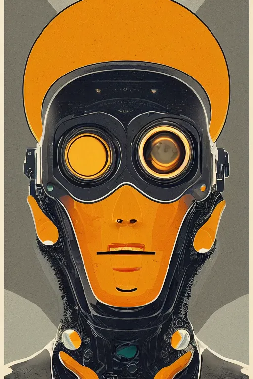 Image similar to portrait of a organic cyborg head covered in oil by pixar, centered, symmetrical, bilateral symmetry, 70s poster, polished, retro dark vintage sci-fi, 2D matte illustration