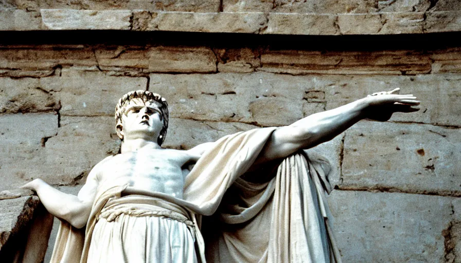 Image similar to 1 9 6 0 s movie still close - up of caligula in a white toga heavy bleed on ancient amphitheater, cinestill 8 0 0 t 3 5 mm, high quality, heavy grain, high detail, dramatic light, anamorphic