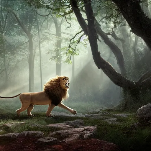 Image similar to lion chasing a deer in the forest, masterpiece, highly detailed, high quality, 4 k, anatomically correct, hyperrealistic, concept art, octane render, unreal engine 5, trending on artstation, trending on deviantart, matte, historical painting, fantasy style, path traced, high coherence, soft lighting, digital painting, mythical