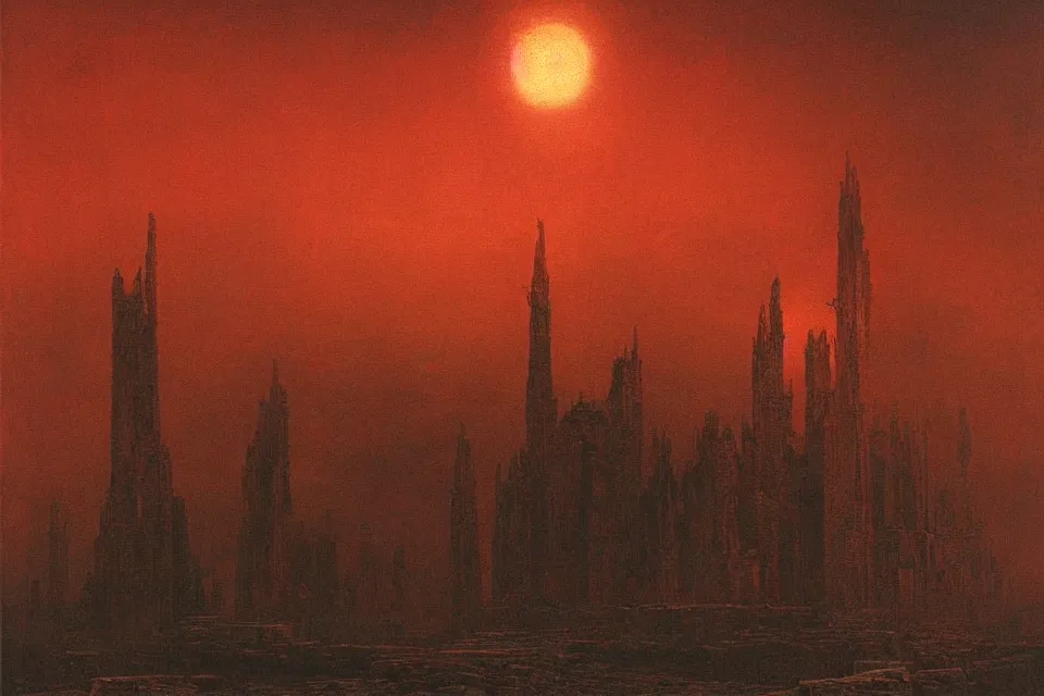 Prompt: painting of an colossal ominous morbid cathedral under a reddish sky, high level of details, 4k, by Beksinski,