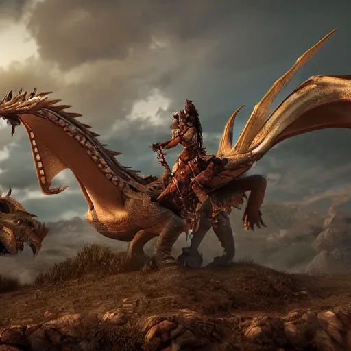 Prompt: female warrios riding a dragon, riding to heaven, with army of a 1000 dragons behind it. cinematic unreal engine, 8K , live action.